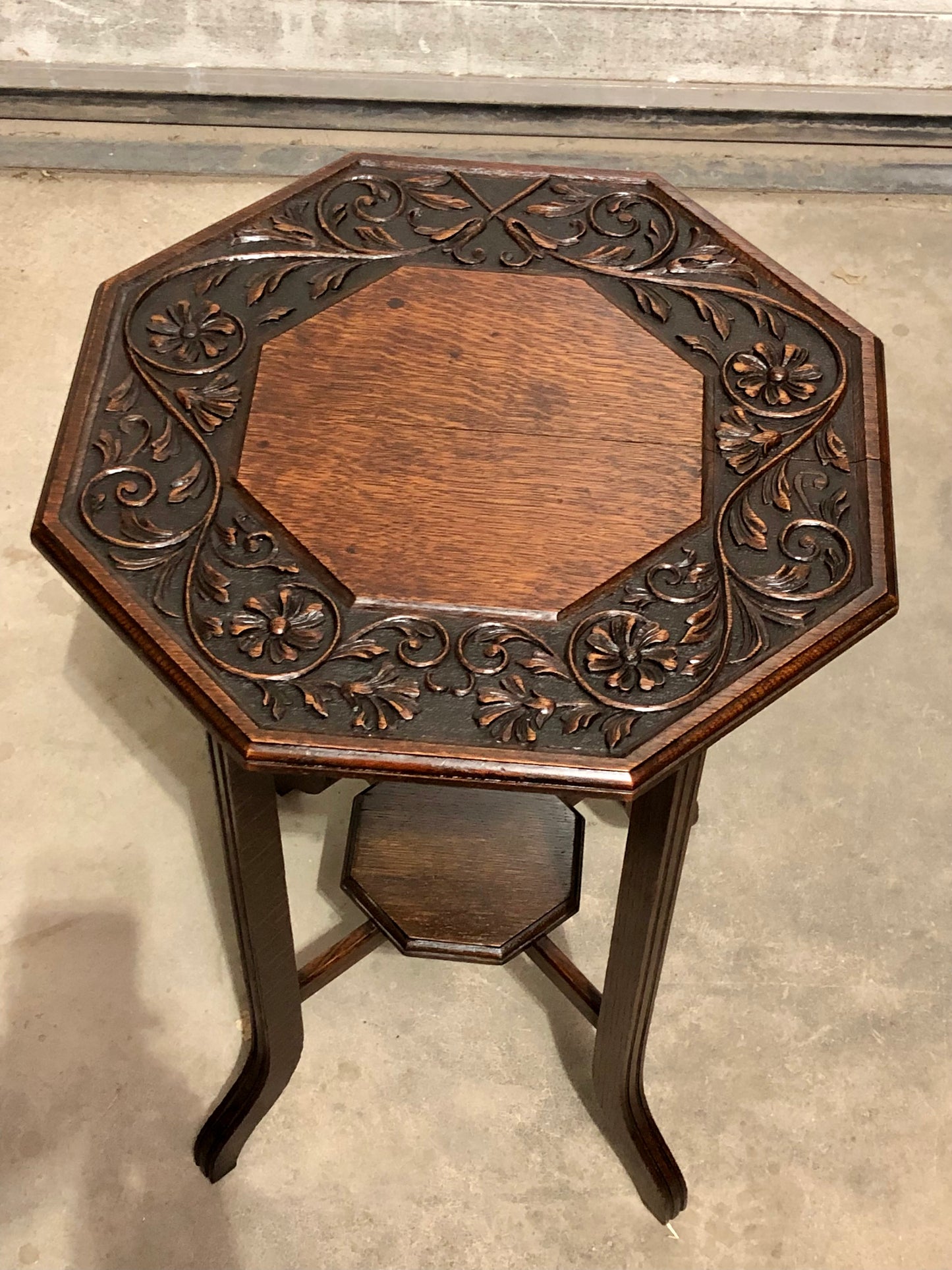 000714....Handsome Carved Oak Art Nouveau Occasional Table / Large Plant Stand