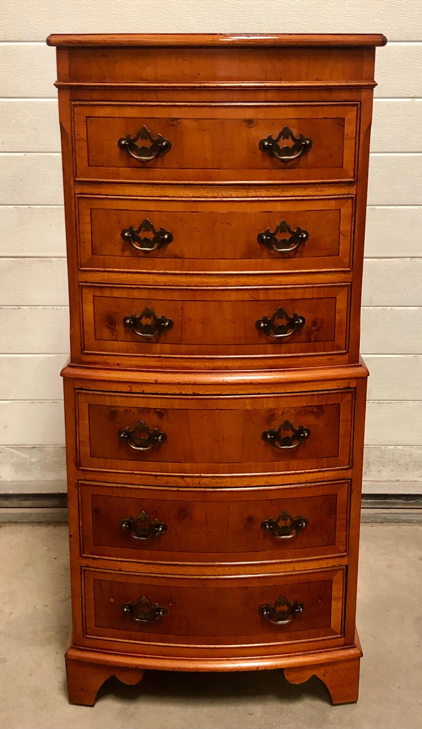 000715....Handsome Vintage Yew Tallboy Chest Of Drawers