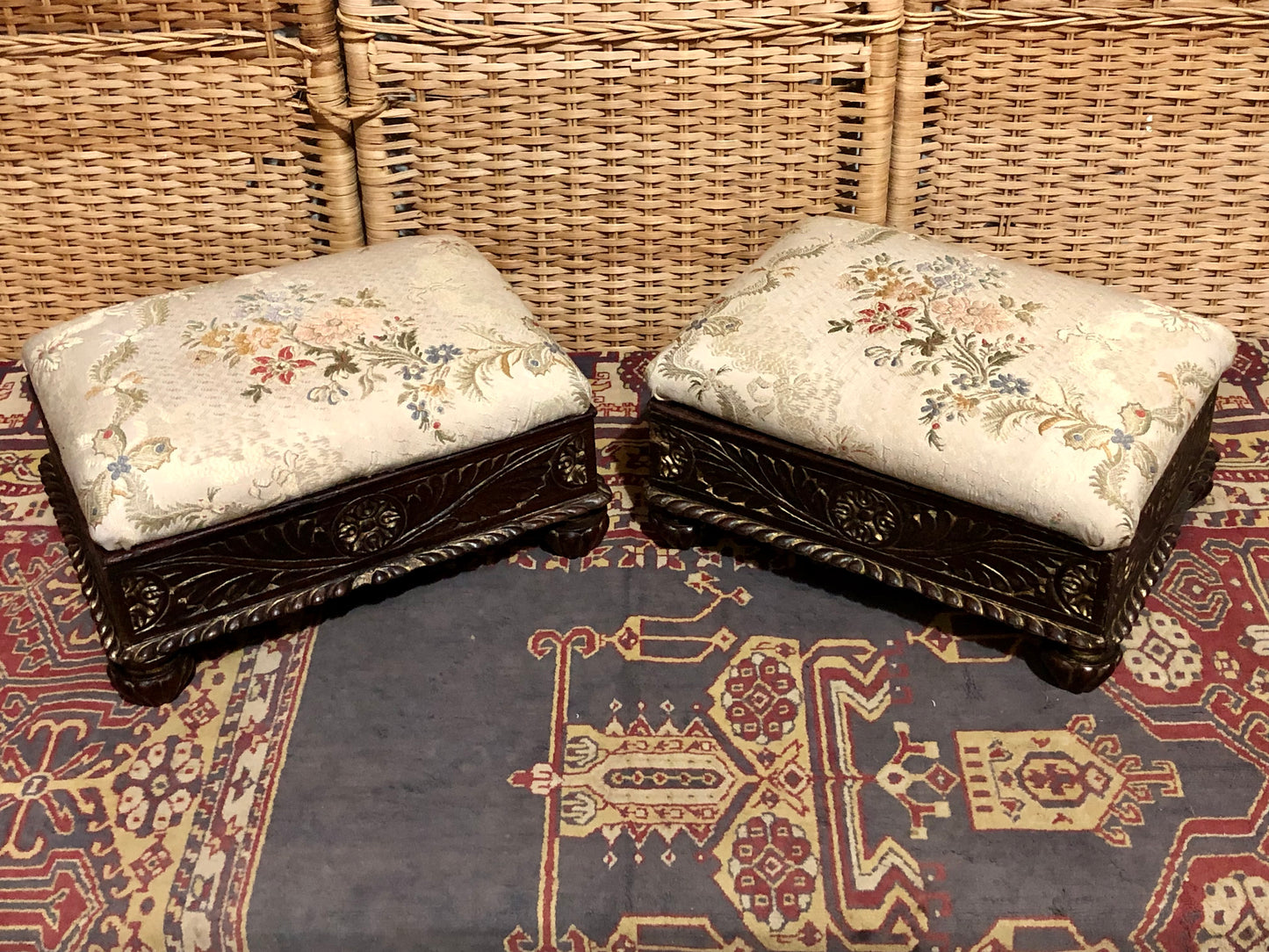 000547....Handsome Pair Of Vintage Carved Footstools ( sold )