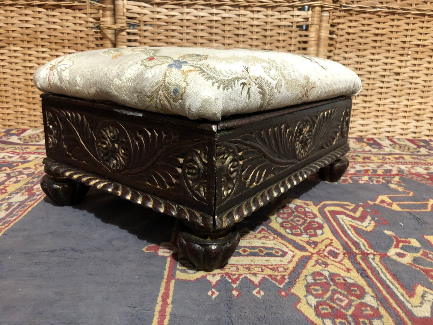 000547....Handsome Pair Of Vintage Carved Footstools ( sold )