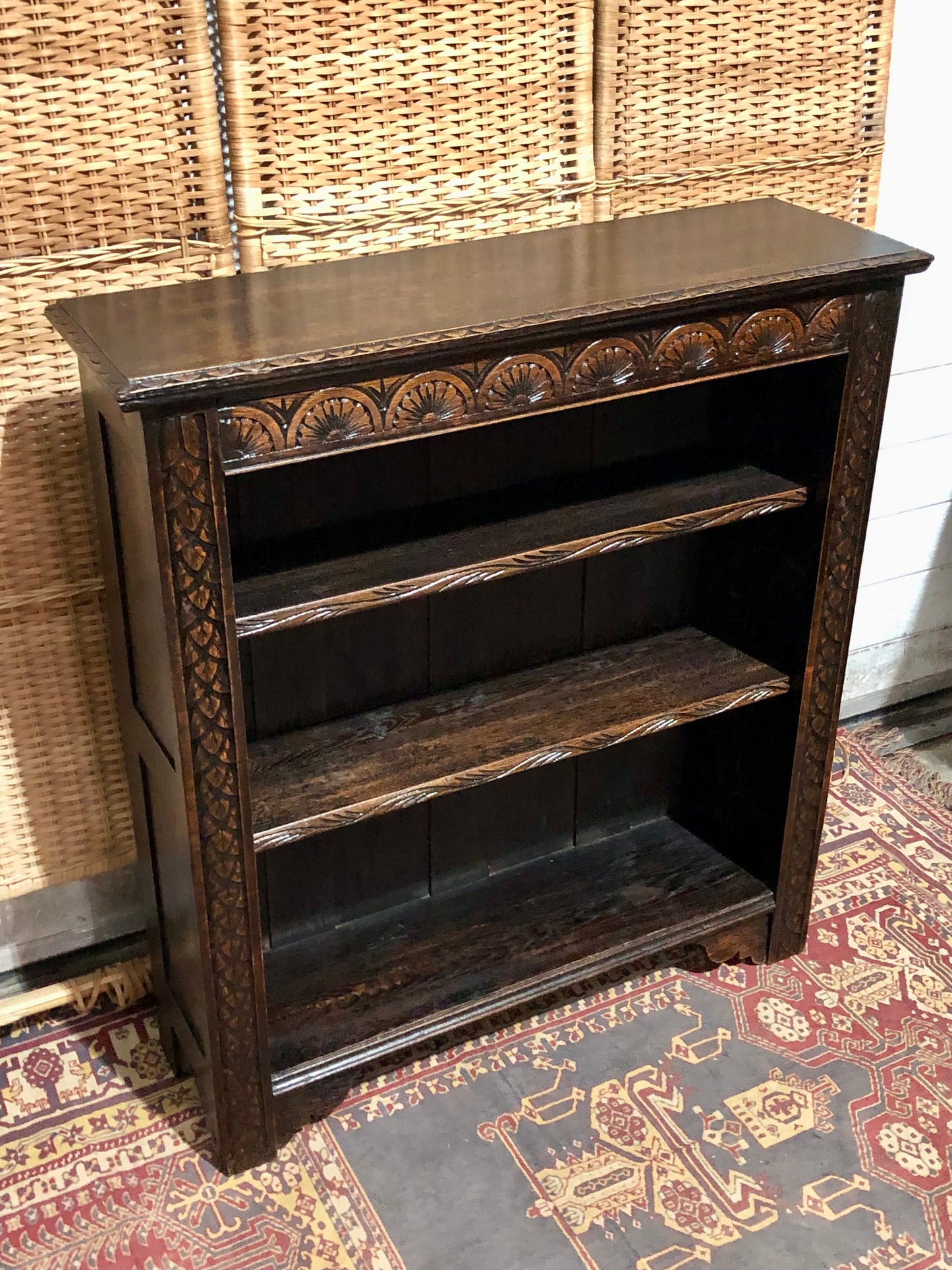 000543....Handsome Antique Carved Oak Bookcase ( sold )