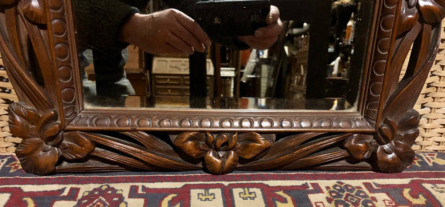 000540....Handsome Art Nouveau Carved Walnut Mirror
