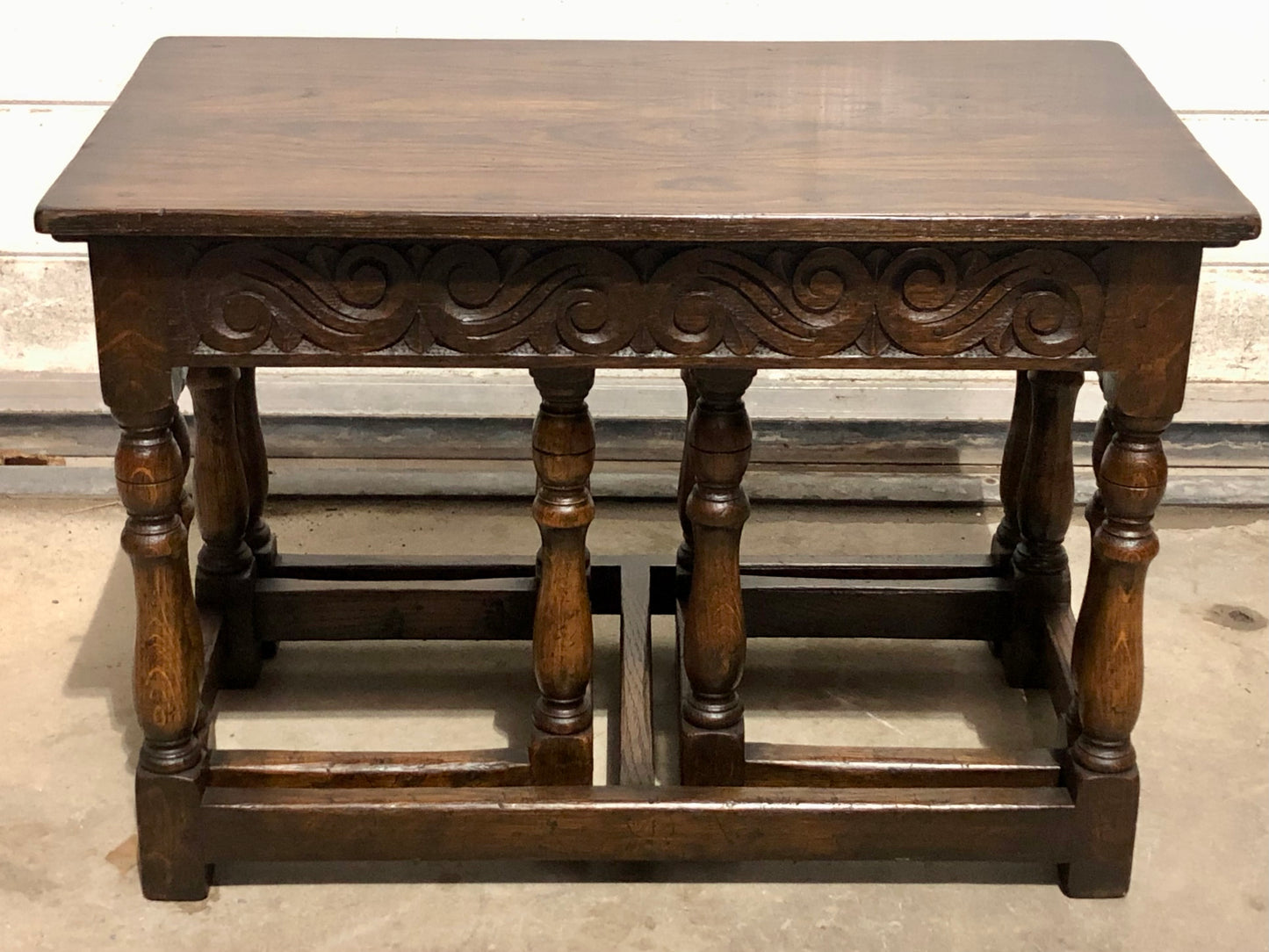 000702....Handsome Vintage Carved Oak Nest Of Three Coffee Tables