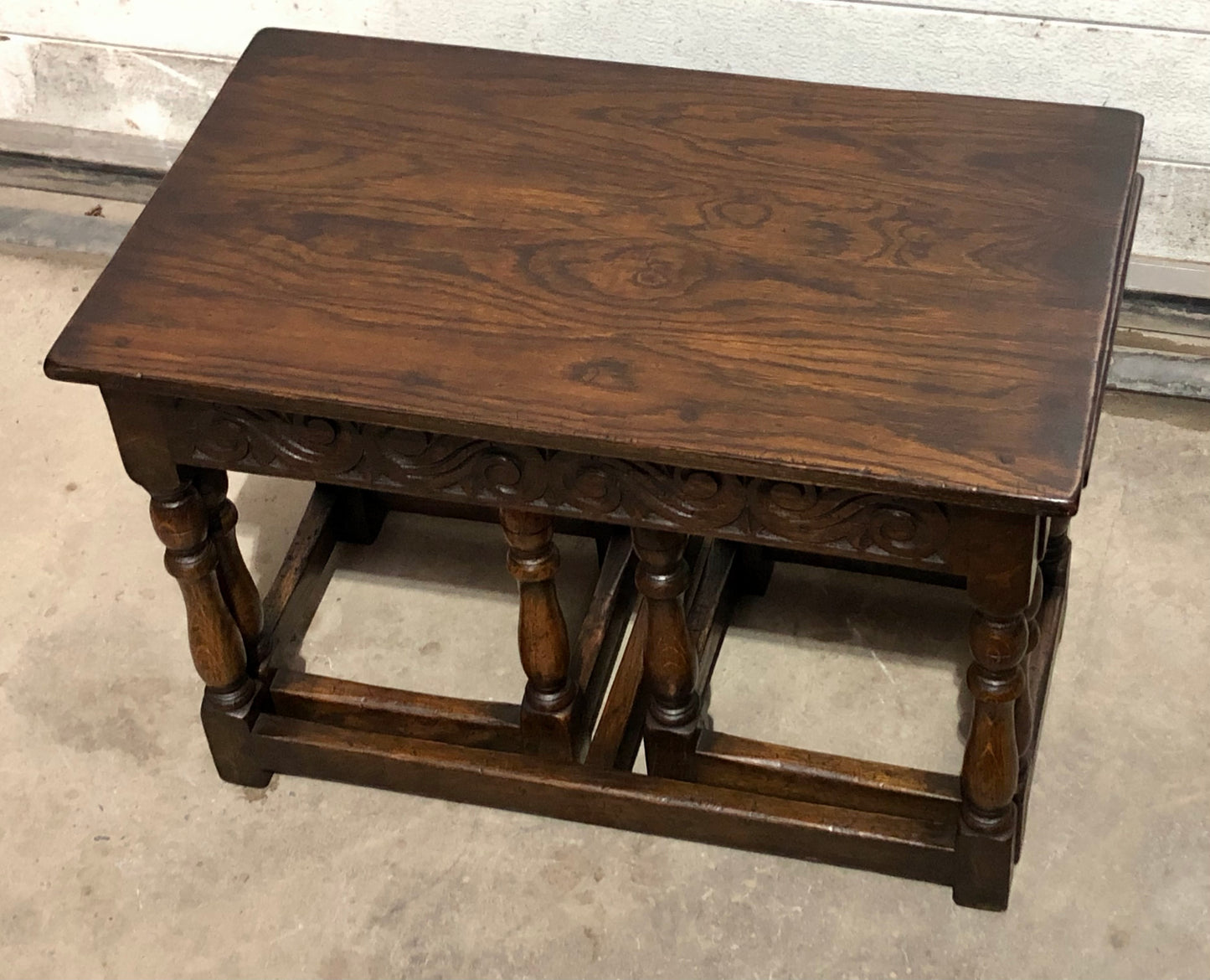 000702....Handsome Vintage Carved Oak Nest Of Three Coffee Tables