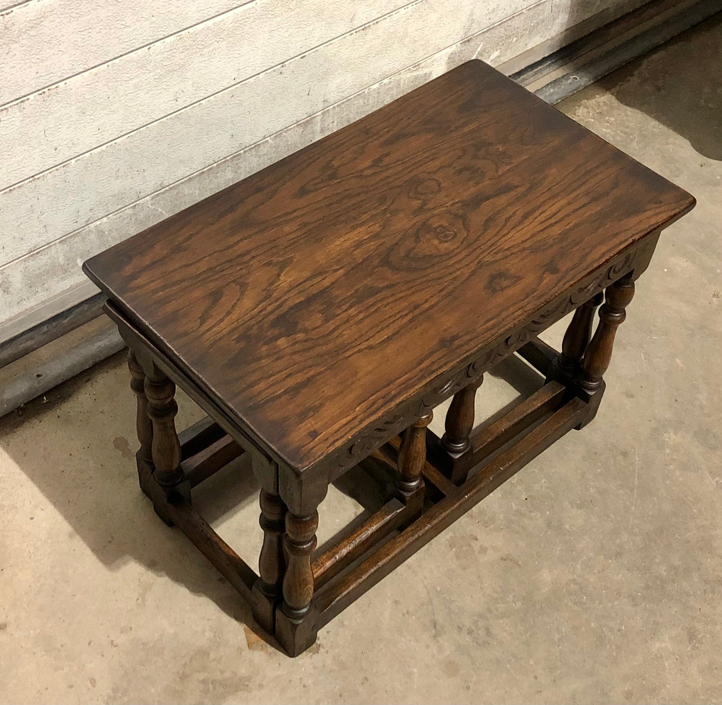 000702....Handsome Vintage Carved Oak Nest Of Three Coffee Tables