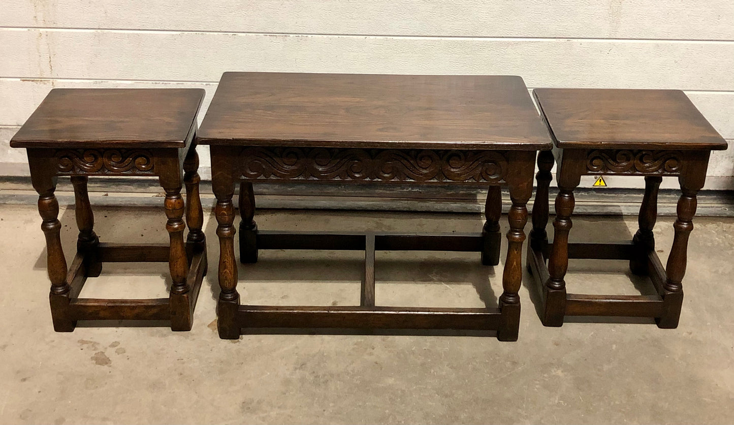 000702....Handsome Vintage Carved Oak Nest Of Three Coffee Tables