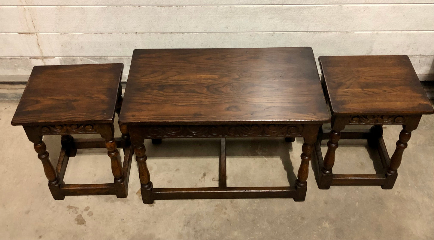 000702....Handsome Vintage Carved Oak Nest Of Three Coffee Tables