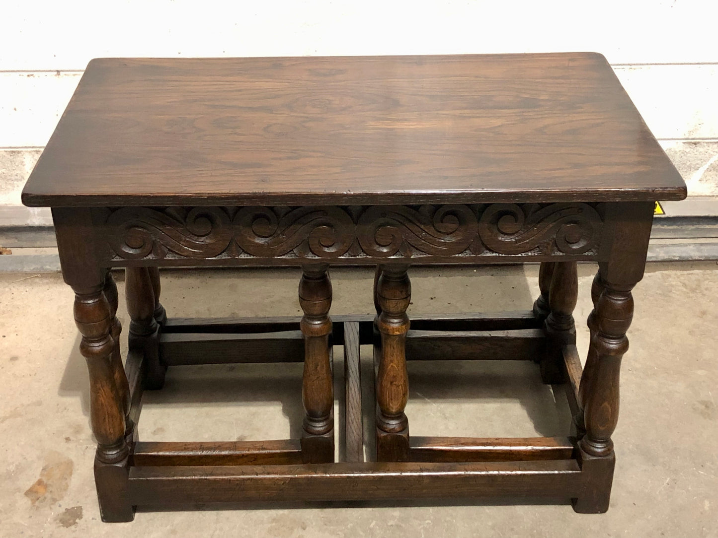 000702....Handsome Vintage Carved Oak Nest Of Three Coffee Tables