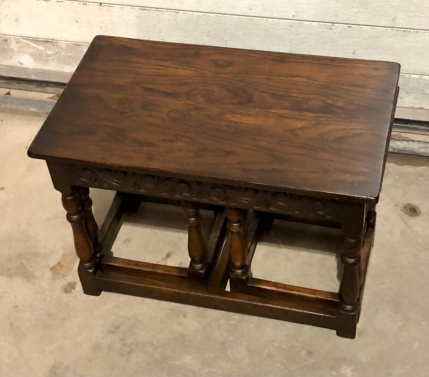 000702....Handsome Vintage Carved Oak Nest Of Three Coffee Tables