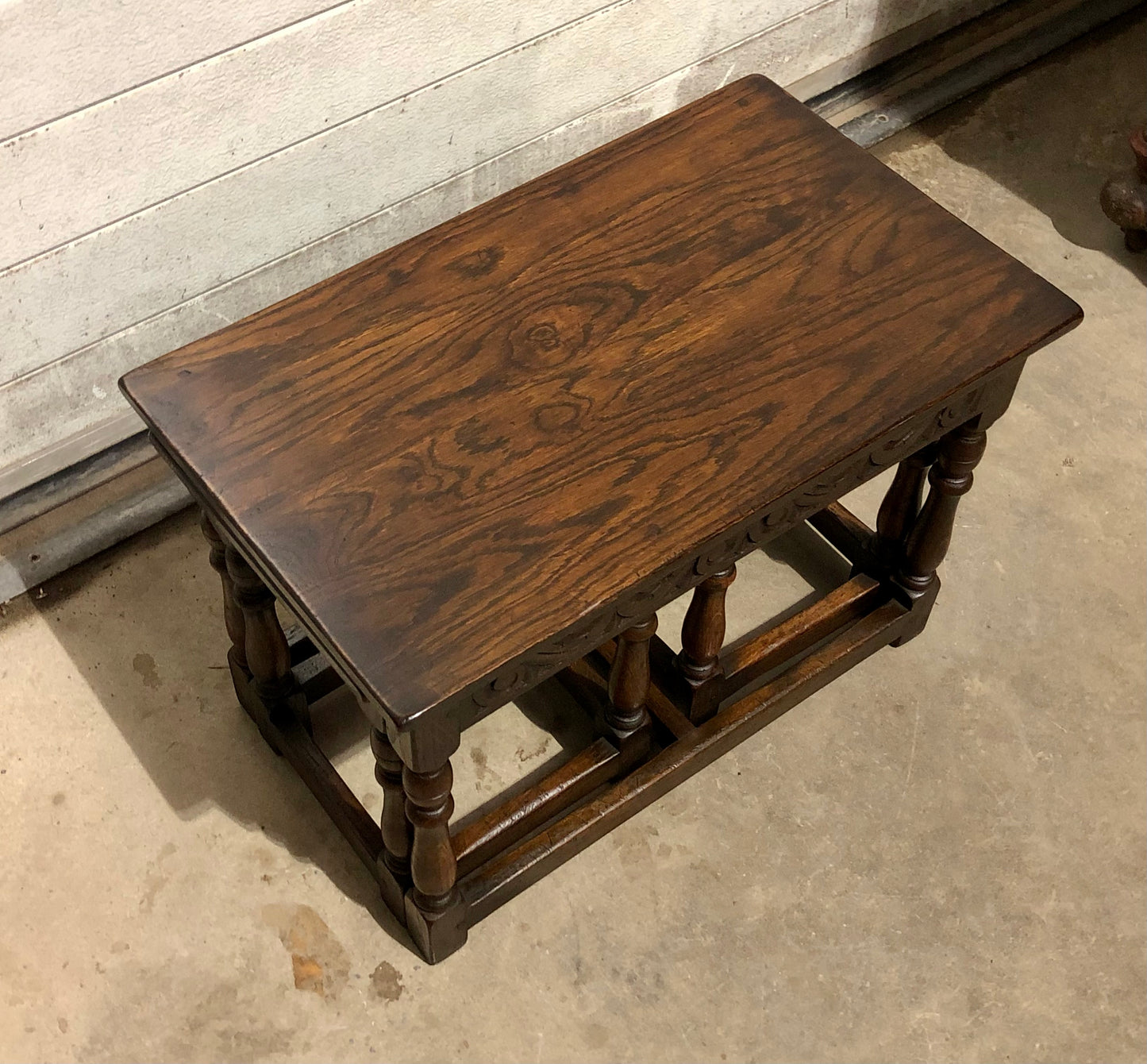 000702....Handsome Vintage Carved Oak Nest Of Three Coffee Tables