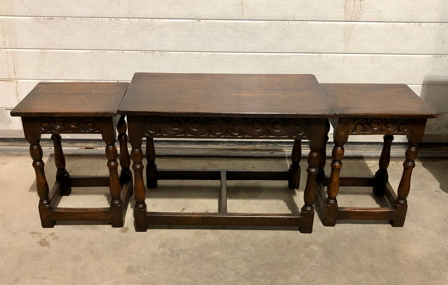 000702....Handsome Vintage Carved Oak Nest Of Three Coffee Tables