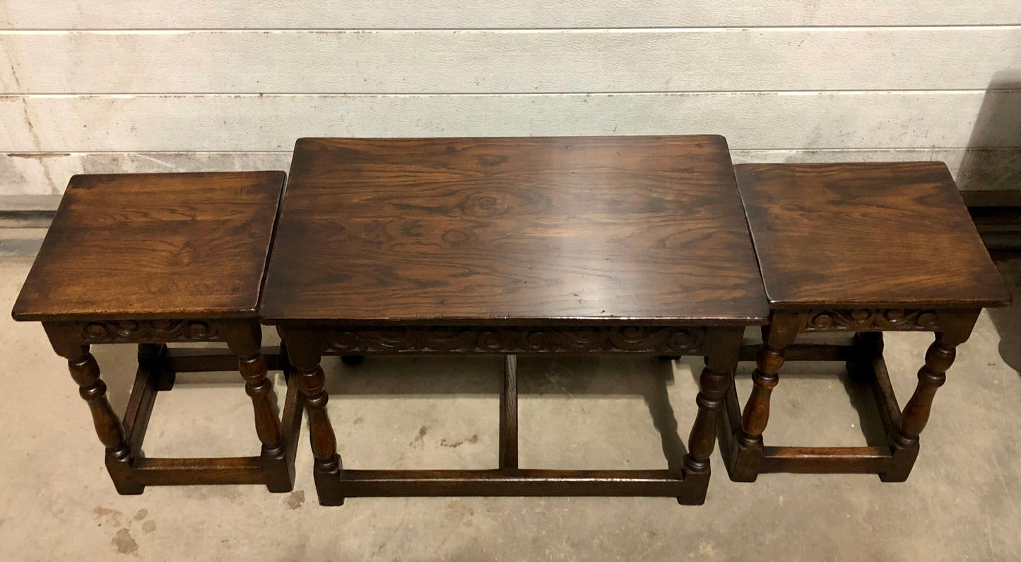 000702....Handsome Vintage Carved Oak Nest Of Three Coffee Tables