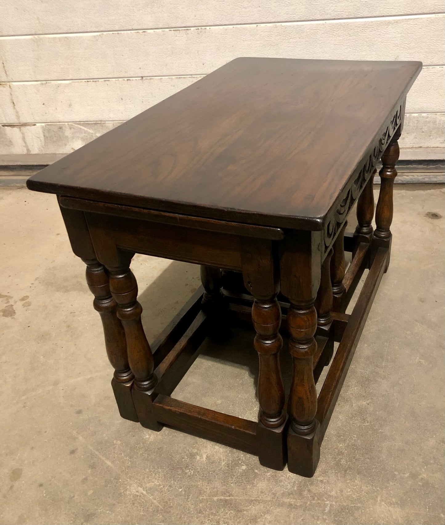 000702....Handsome Vintage Carved Oak Nest Of Three Coffee Tables