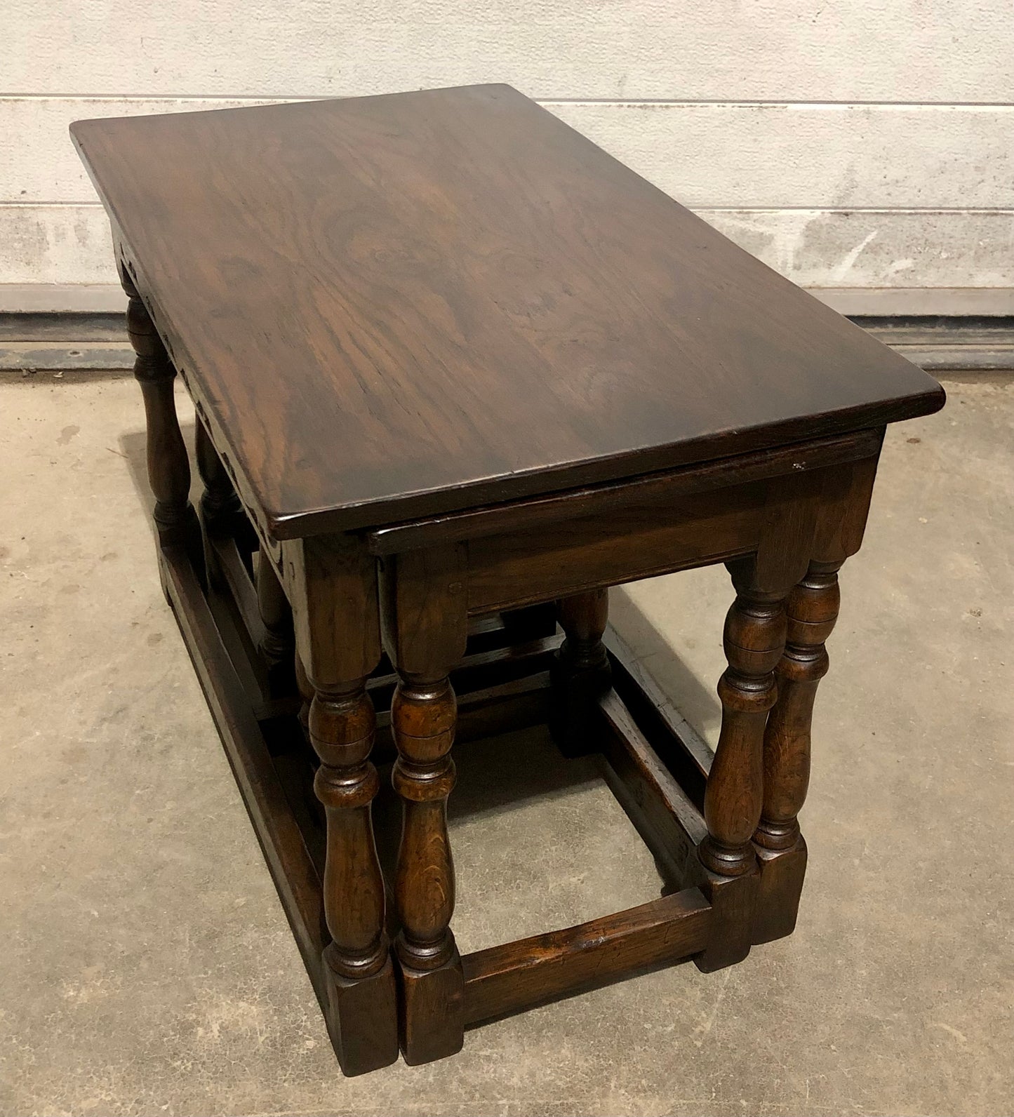 000702....Handsome Vintage Carved Oak Nest Of Three Coffee Tables