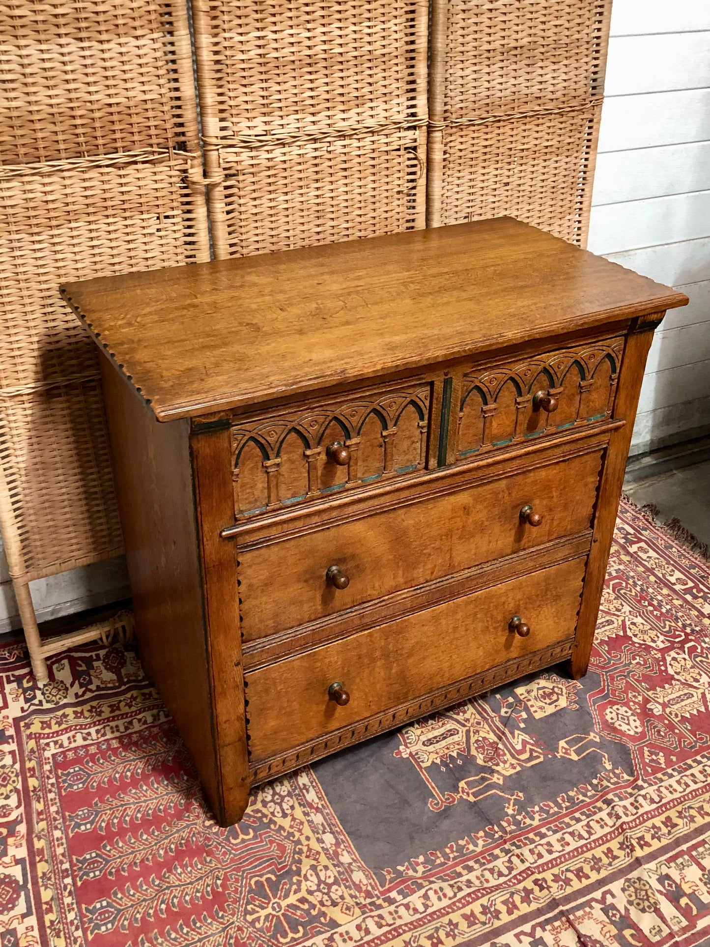 000633....Handsome Gothic Style Solid Carved Oak Chest Of Drawers ( sold )
