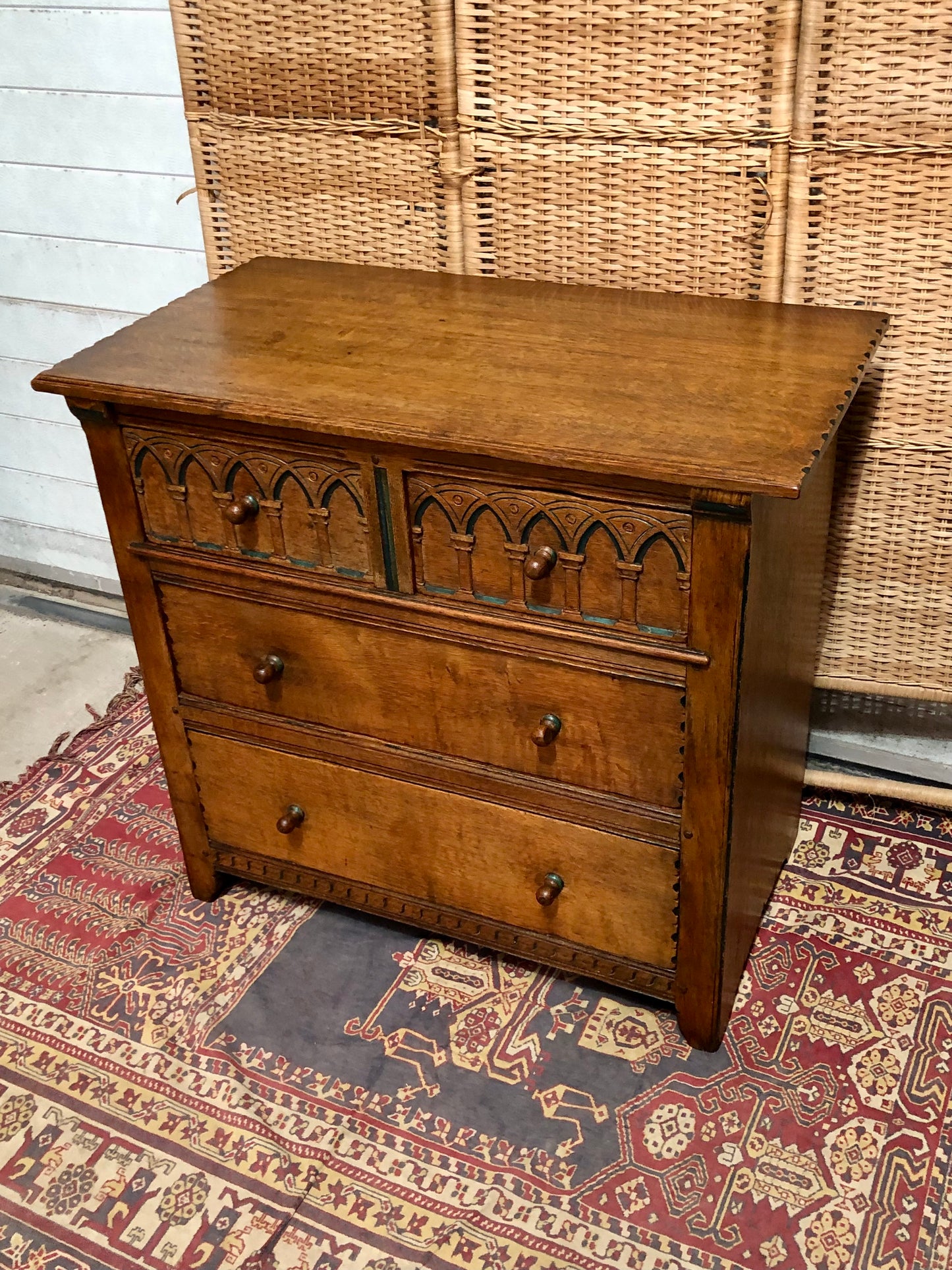 000633....Handsome Gothic Style Solid Carved Oak Chest Of Drawers ( sold )