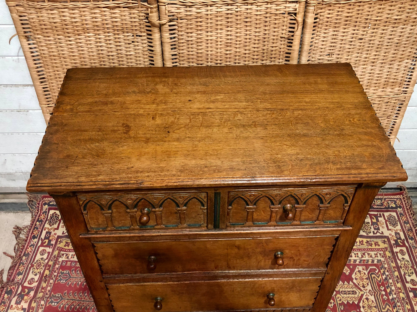 000633....Handsome Gothic Style Solid Carved Oak Chest Of Drawers ( sold )