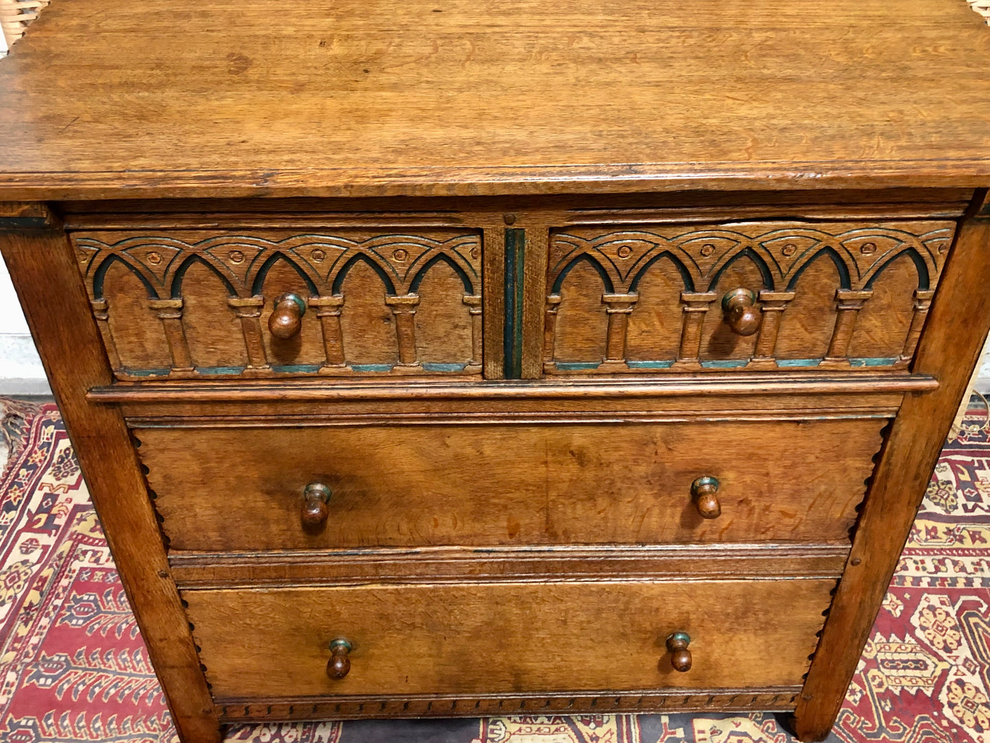 000633....Handsome Gothic Style Solid Carved Oak Chest Of Drawers ( sold )