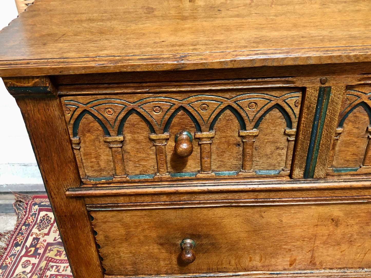 000633....Handsome Gothic Style Solid Carved Oak Chest Of Drawers ( sold )