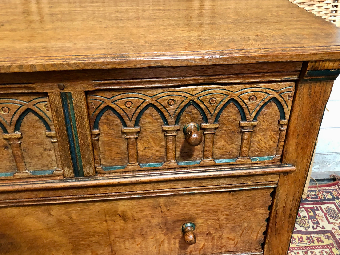 000633....Handsome Gothic Style Solid Carved Oak Chest Of Drawers ( sold )