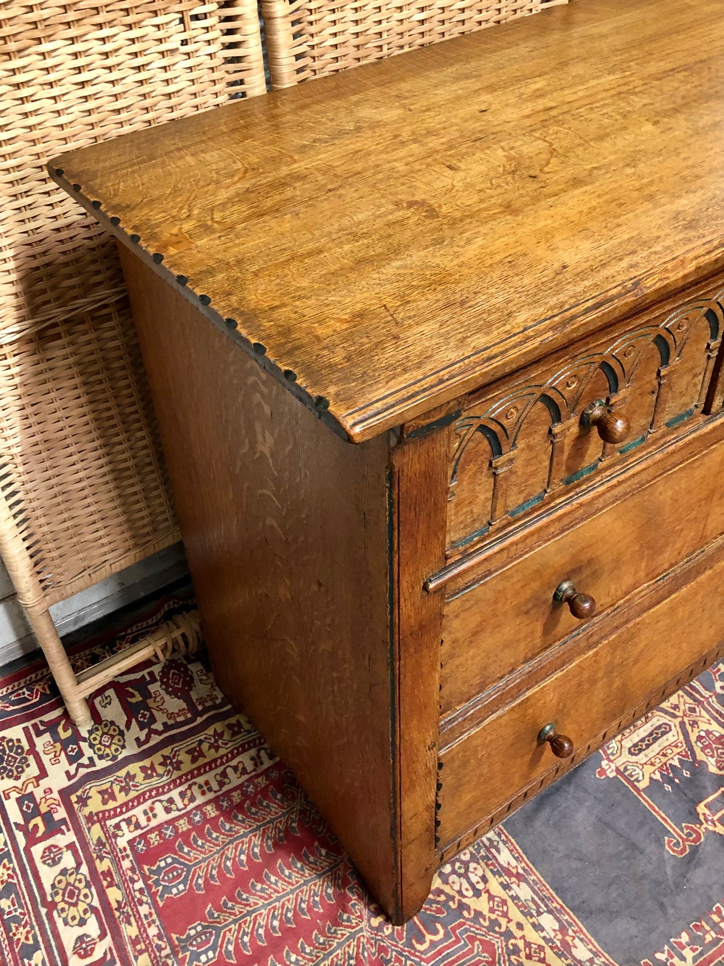 000633....Handsome Gothic Style Solid Carved Oak Chest Of Drawers ( sold )