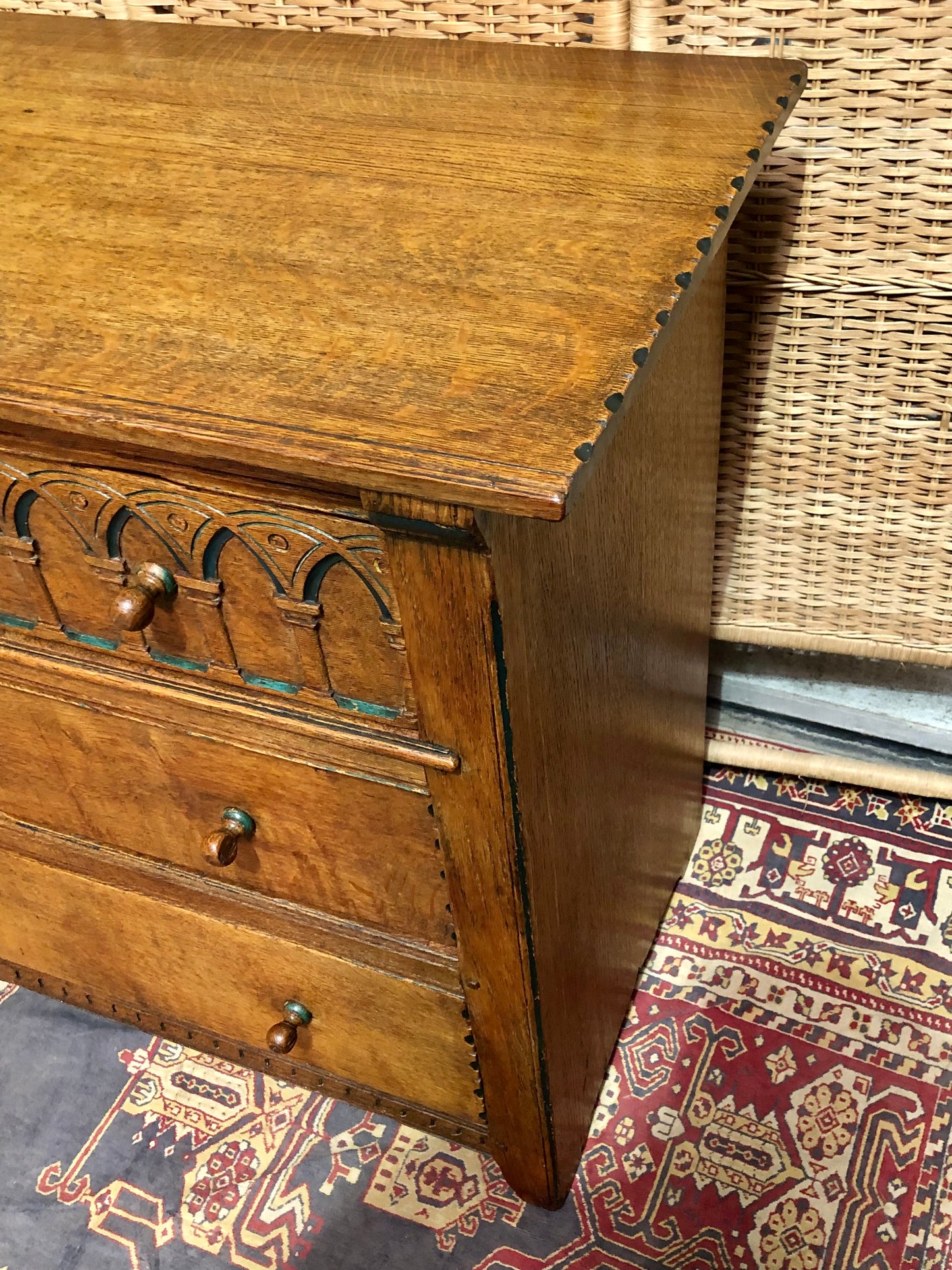 000633....Handsome Gothic Style Solid Carved Oak Chest Of Drawers ( sold )