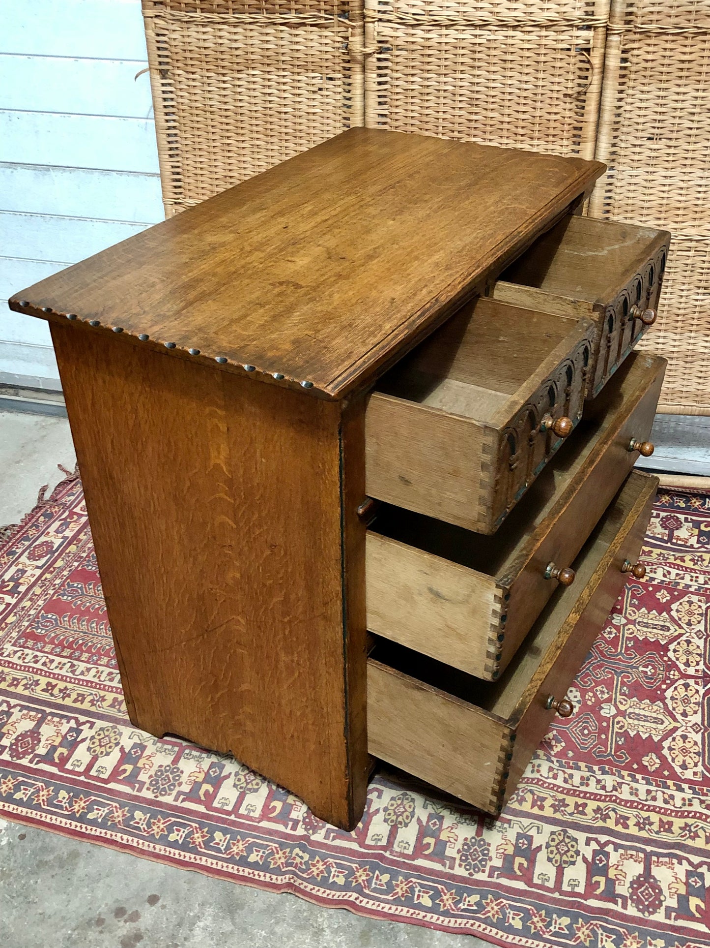 000633....Handsome Gothic Style Solid Carved Oak Chest Of Drawers ( sold )