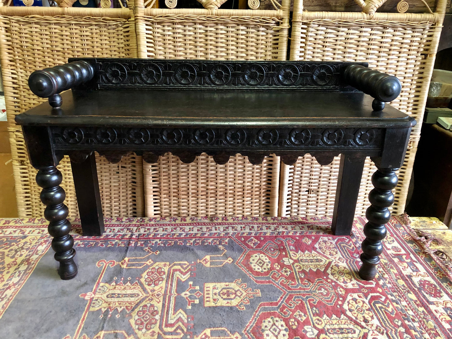 000498....Handsome Gothic Style Carved Oak Bench