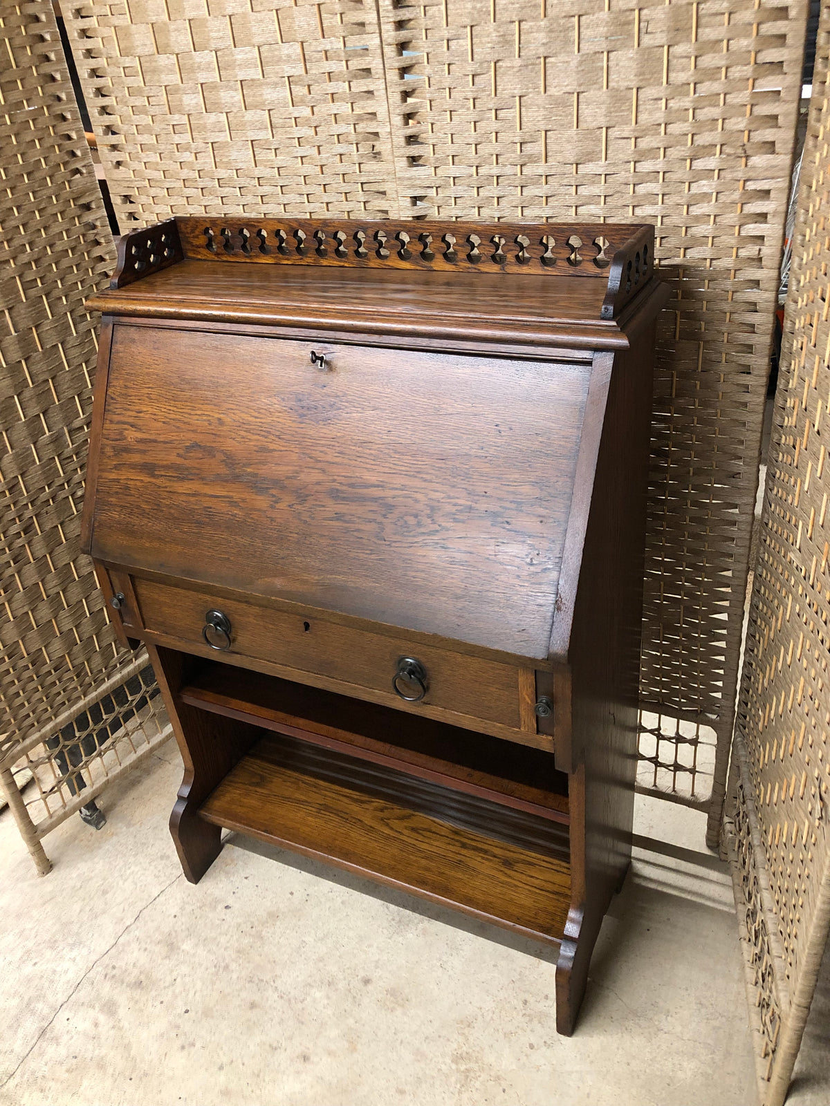 000494....Handsome Arts And Crafts Oak Bureau With Bookshelves