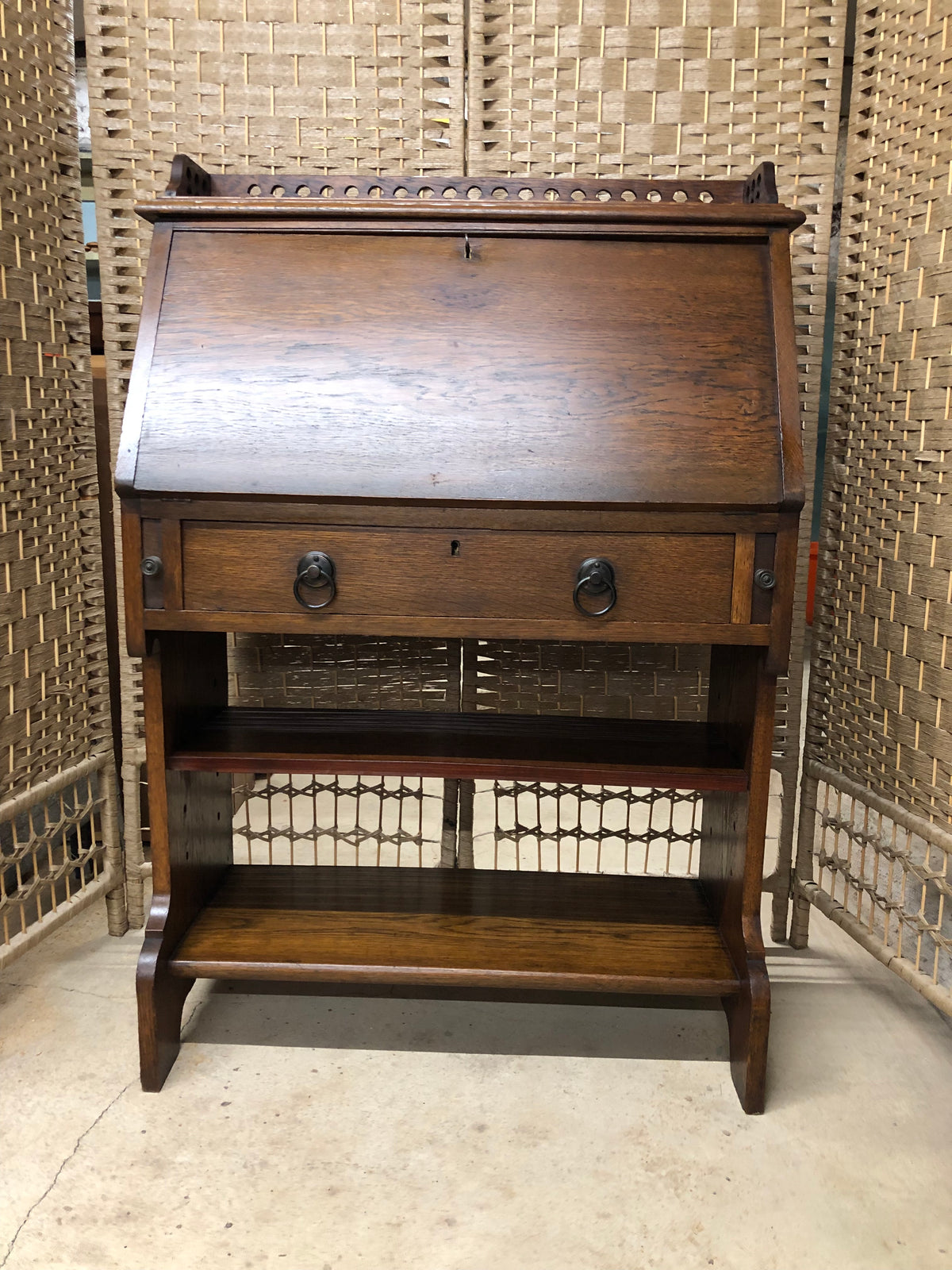 000494....Handsome Arts And Crafts Oak Bureau With Bookshelves