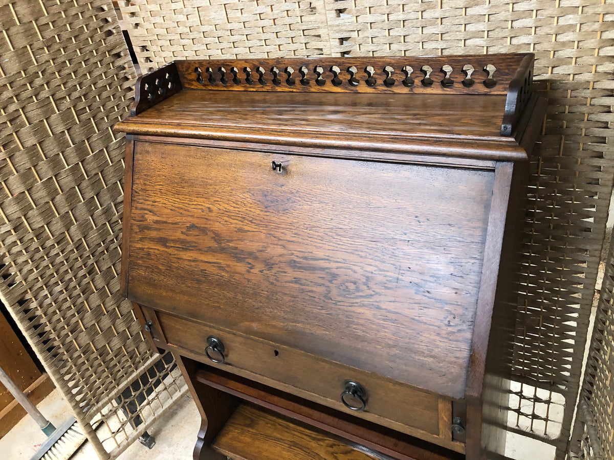 000494....Handsome Arts And Crafts Oak Bureau With Bookshelves