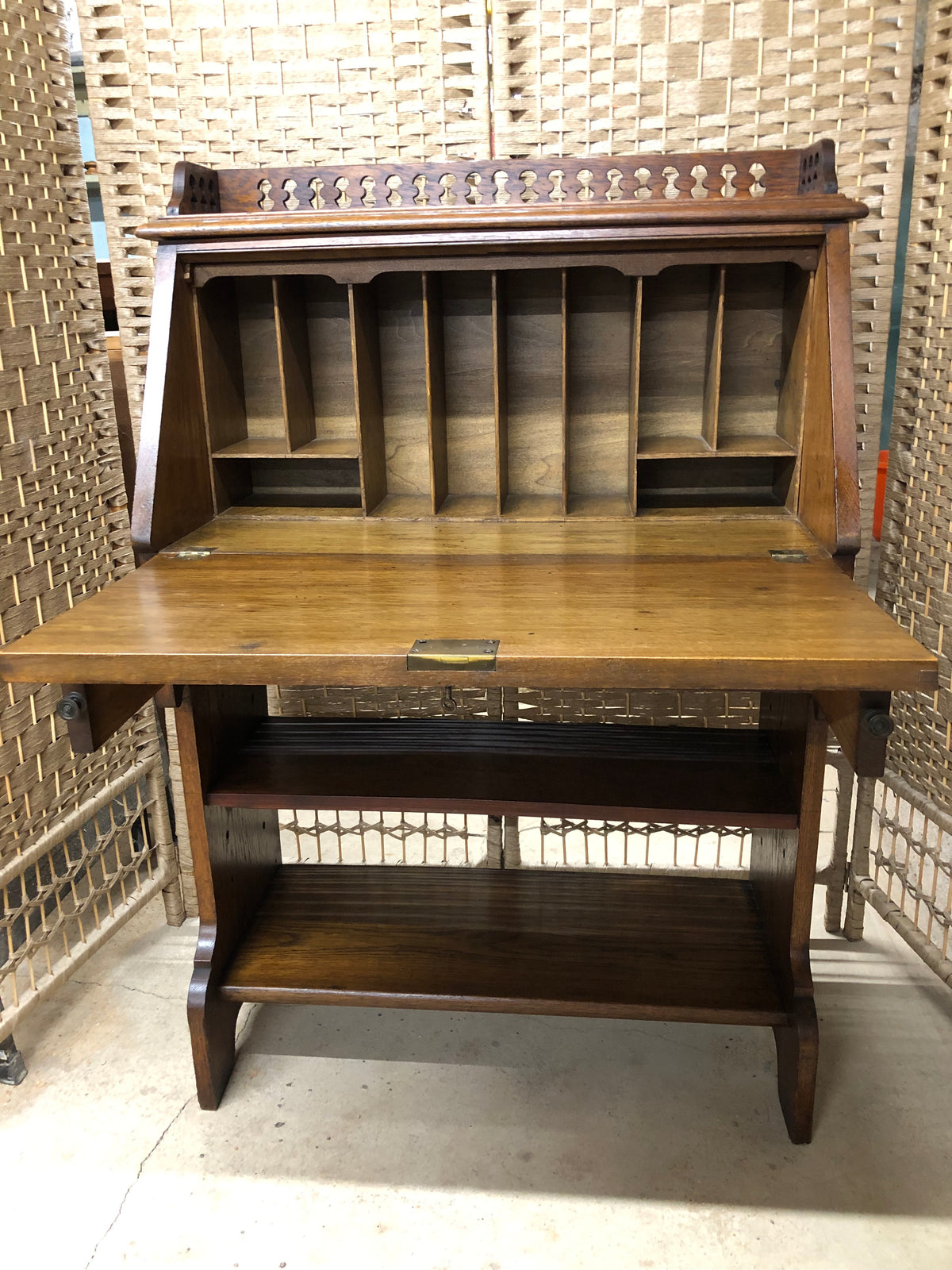 000494....Handsome Arts And Crafts Oak Bureau With Bookshelves