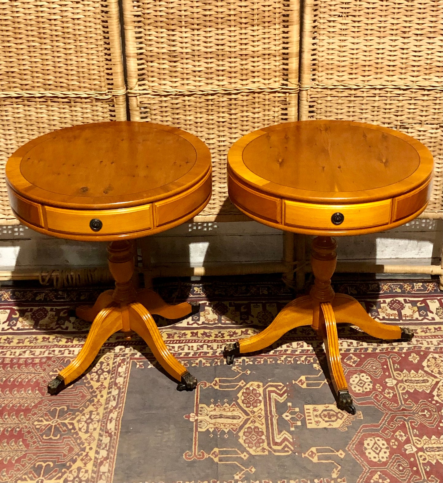000576....Handsome Pair Of Yew Drum Tables/Lamp Tables