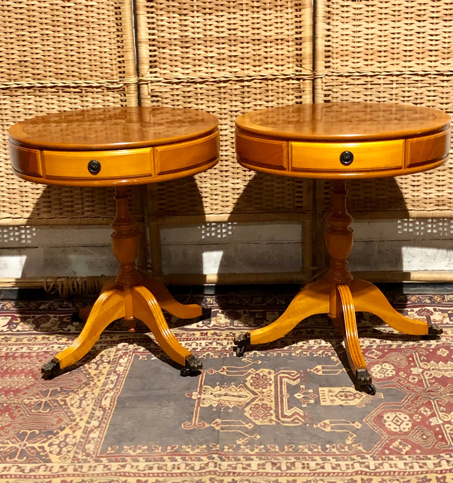 000576....Handsome Pair Of Yew Drum Tables/Lamp Tables