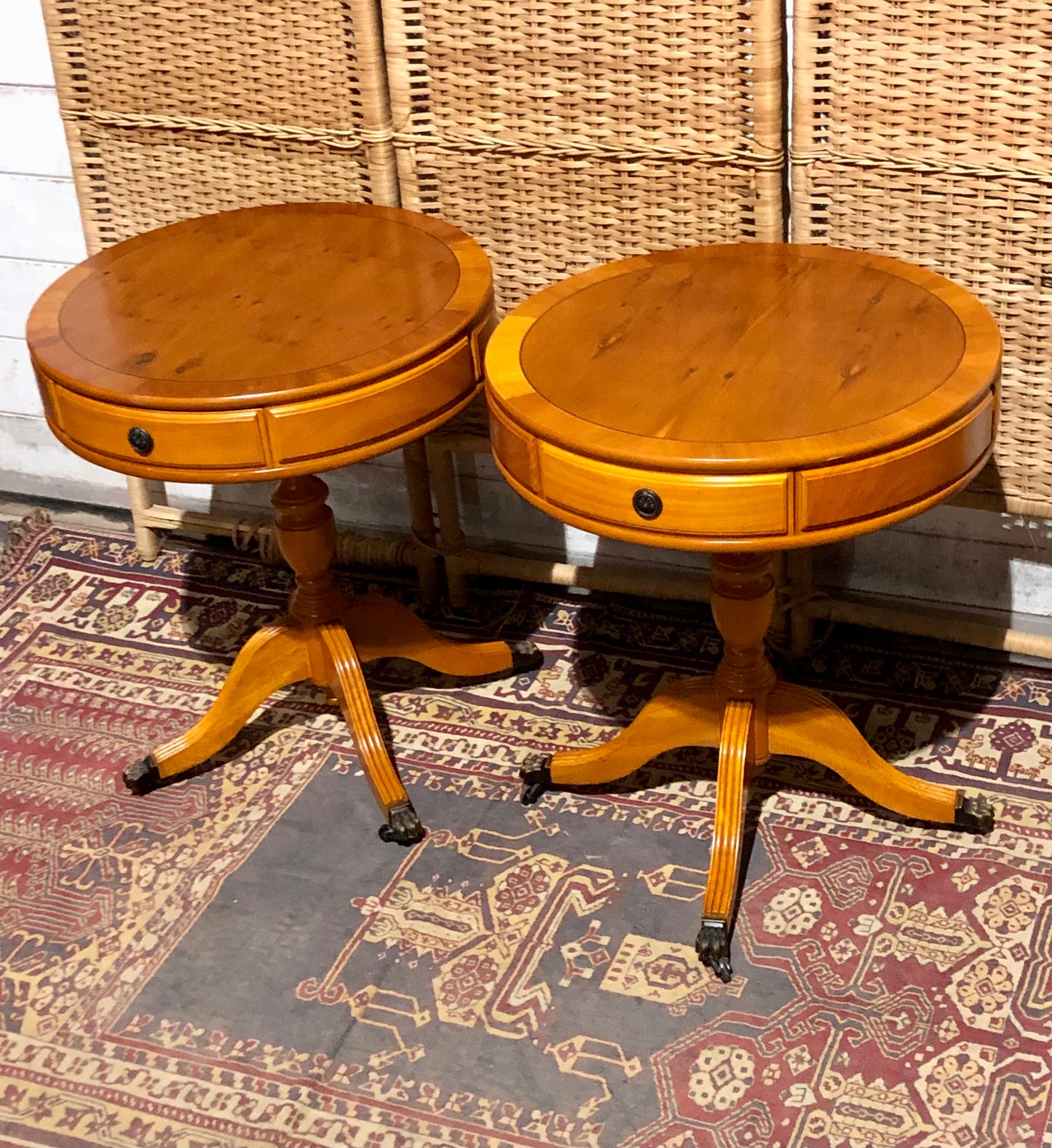 000576....Handsome Pair Of Yew Drum Tables/Lamp Tables