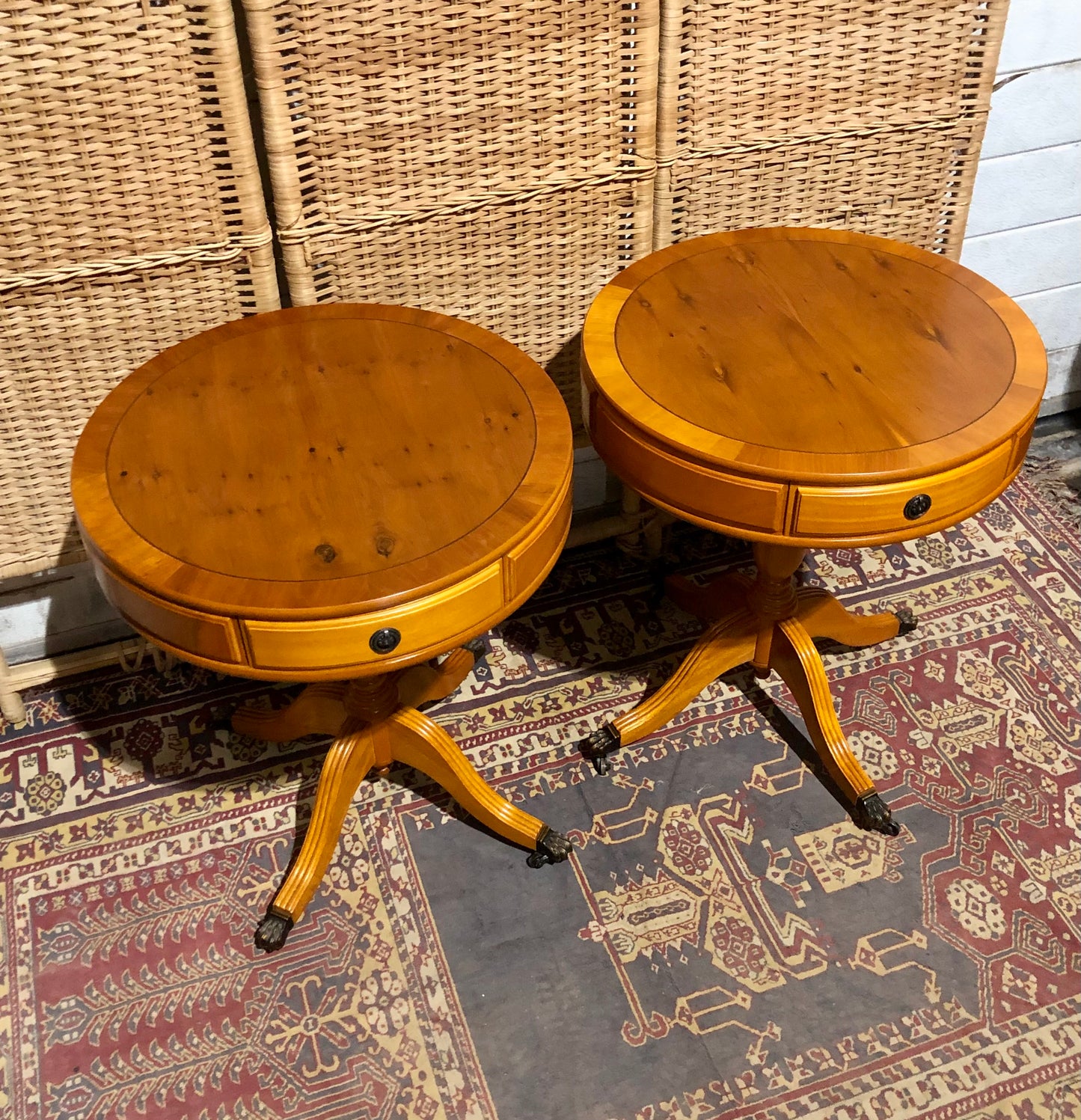 000576....Handsome Pair Of Yew Drum Tables/Lamp Tables