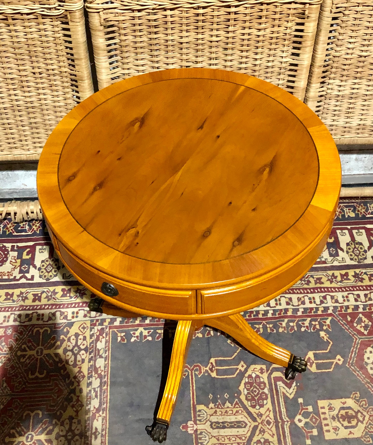 000576....Handsome Pair Of Yew Drum Tables/Lamp Tables