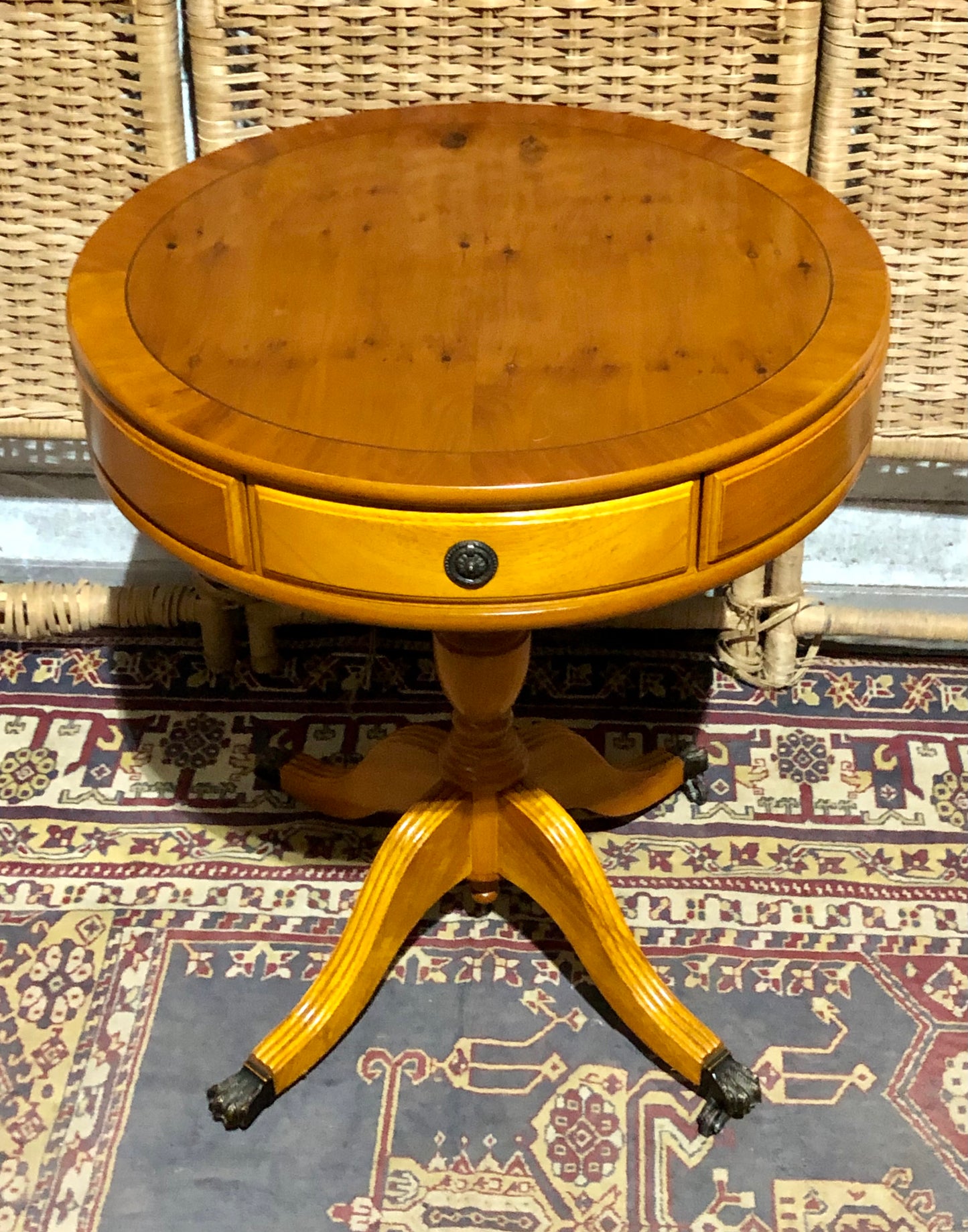 000576....Handsome Pair Of Yew Drum Tables/Lamp Tables
