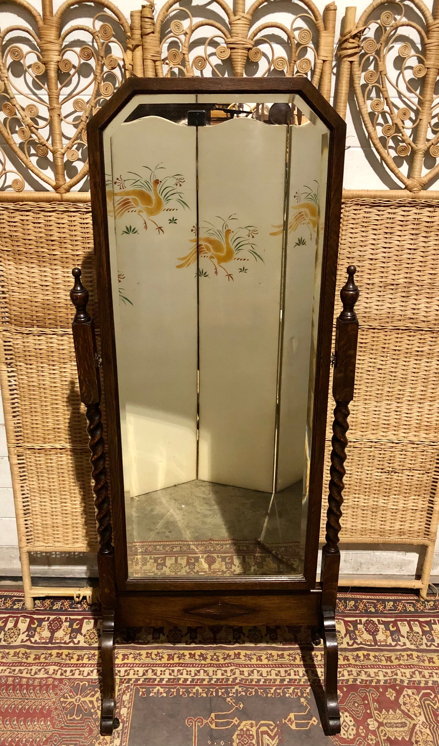 000569....Handsome Vintage Oak Cheval Mirror.