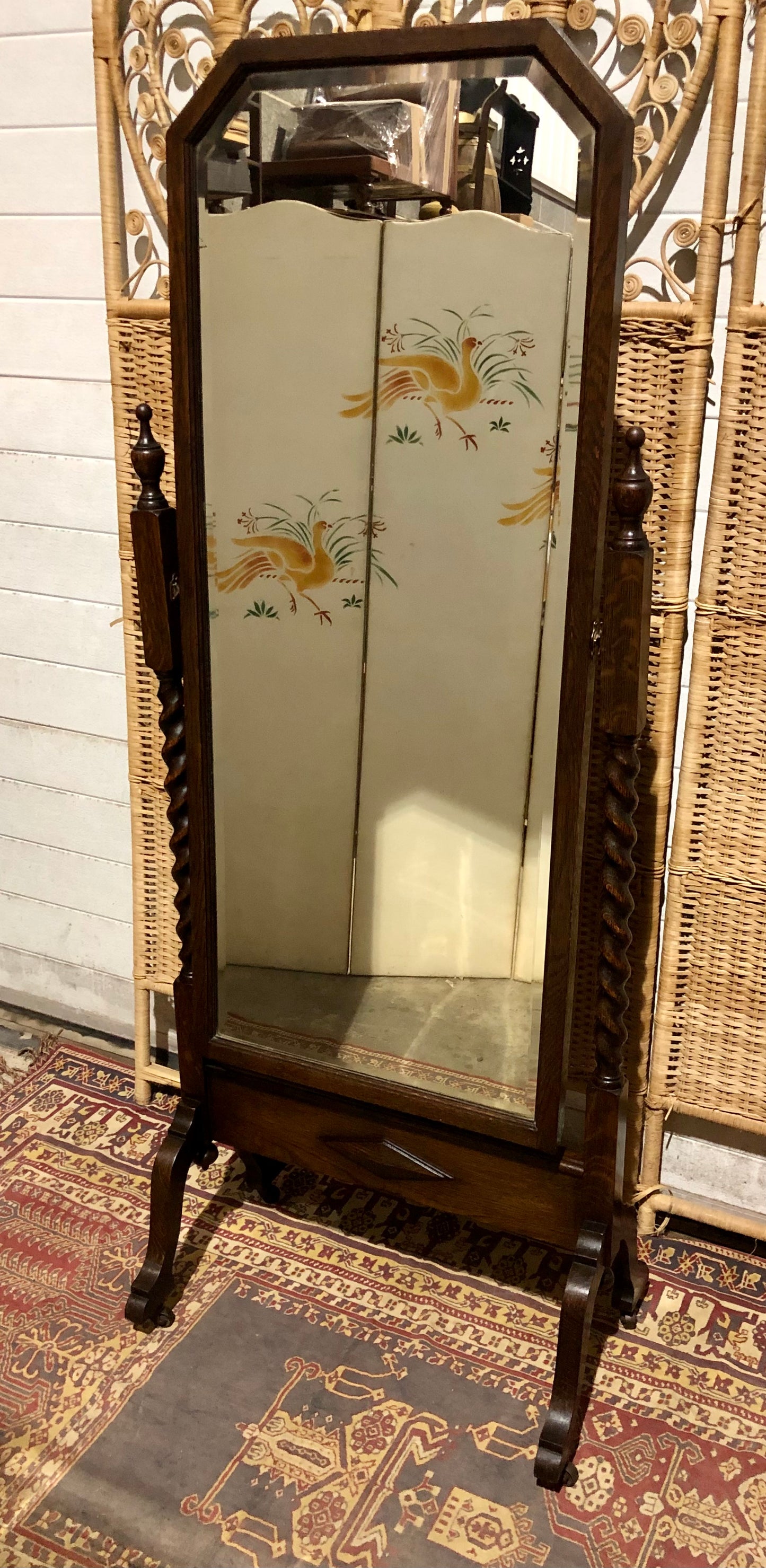 000569....Handsome Vintage Oak Cheval Mirror.