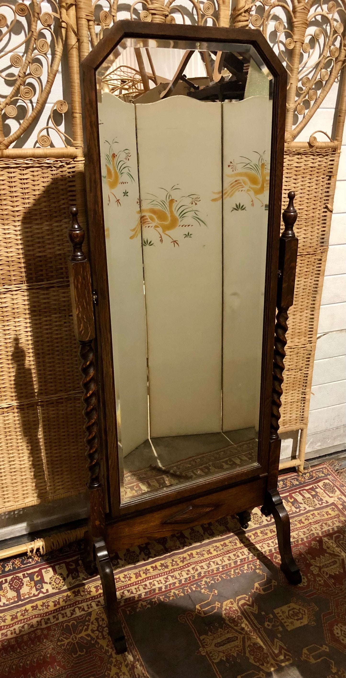 000569....Handsome Vintage Oak Cheval Mirror.