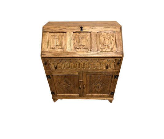 000858....Handsome Vintage Carved Oak Bureau / Writing Desk ( sold )