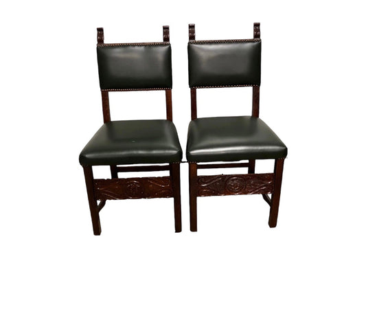 000847....Handsome Pair Of Carved Oak Hall Chairs With Green Leather Upholstery ( sold )