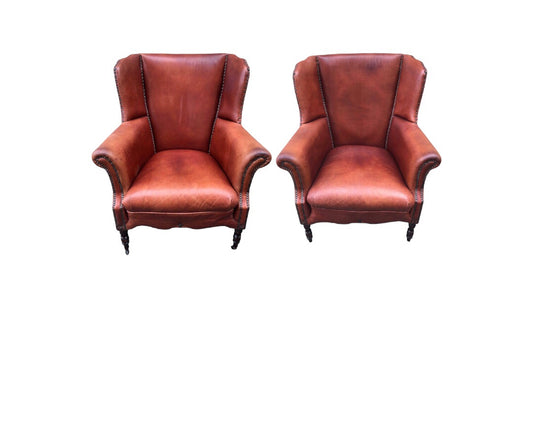 000834....Handsome Pair Of Smaller Vintage Leather Wing Back Armchairs / Leather Armchairs ( sold )