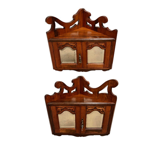 000839....Handsome Pair Of Walnut Wall Cabinets / Antique Corner Cabinets