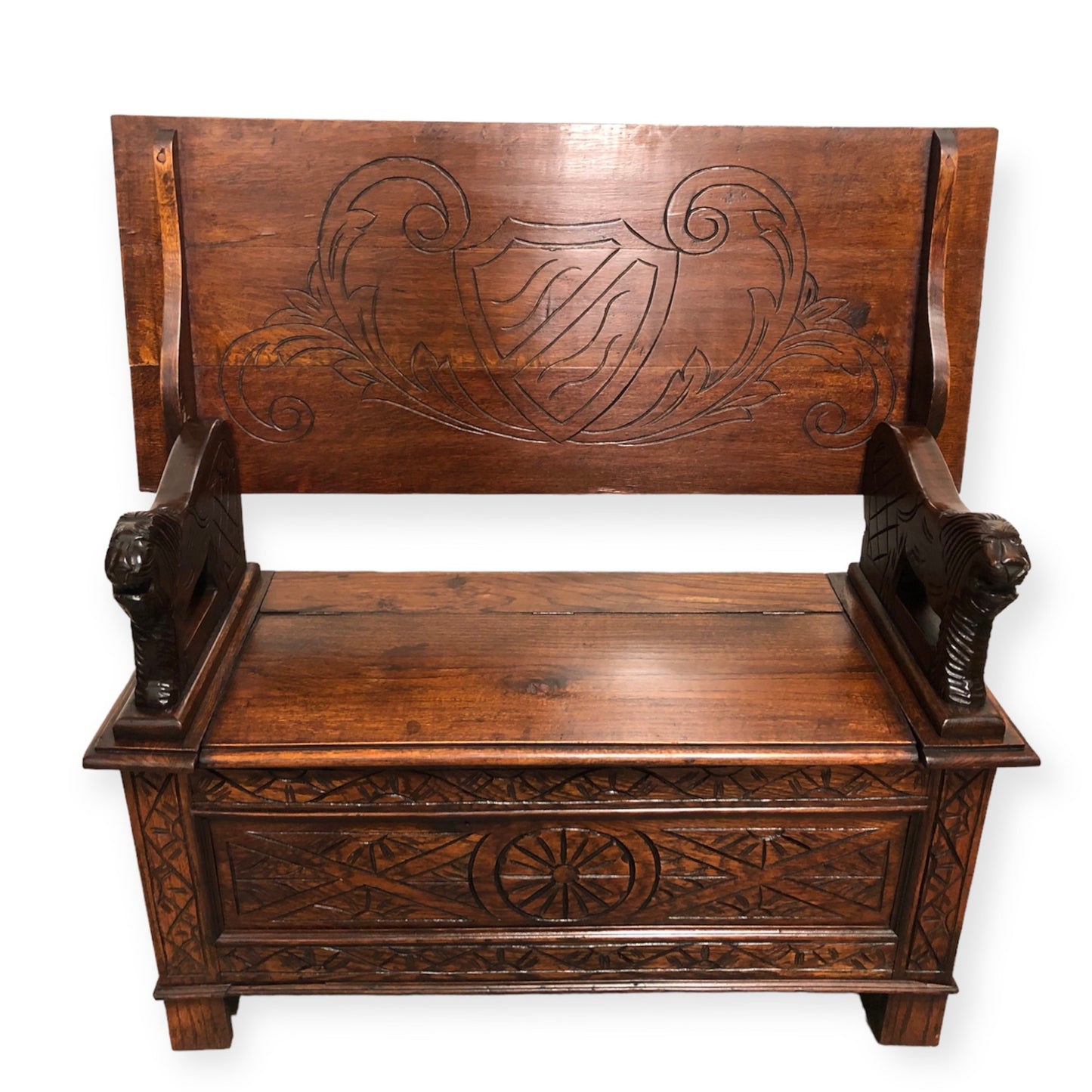 000732....Handsome Antique Carved Oak Monks Bench / Hall Seat ( sold )