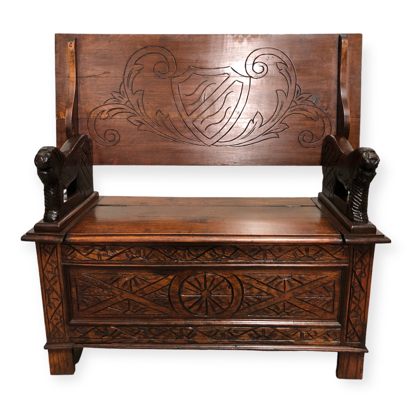 000732....Handsome Antique Carved Oak Monks Bench / Hall Seat ( sold )