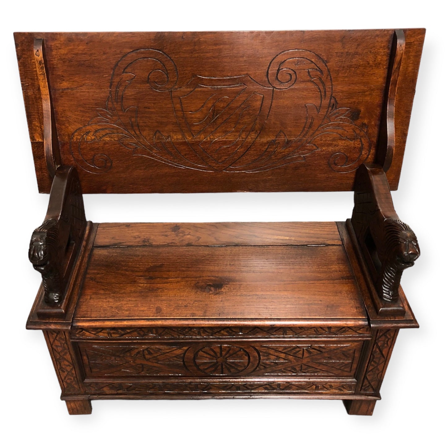 000732....Handsome Antique Carved Oak Monks Bench / Hall Seat ( sold )