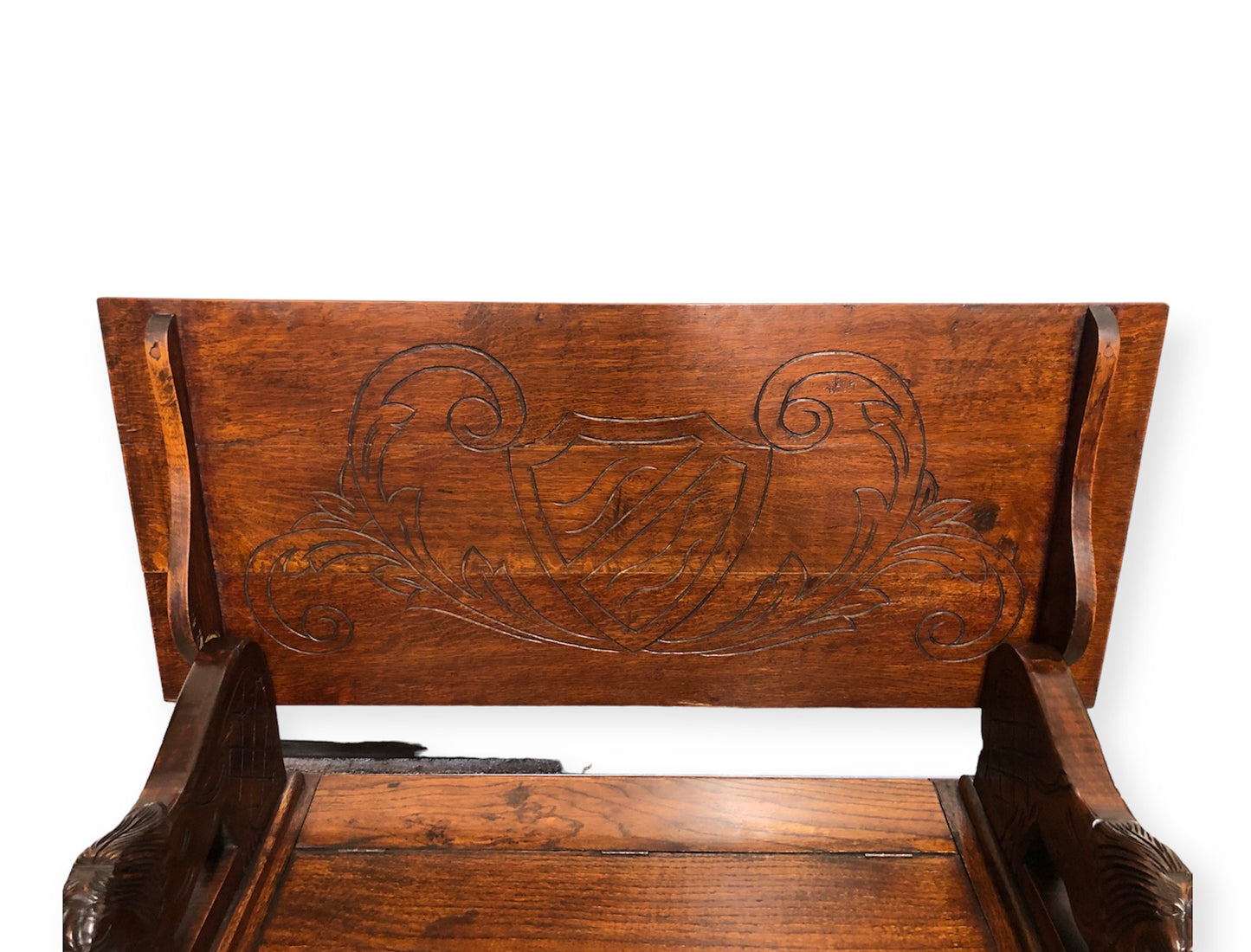 000732....Handsome Antique Carved Oak Monks Bench / Hall Seat ( sold )