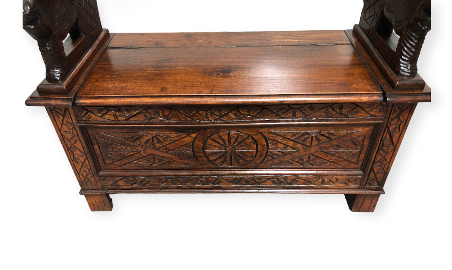 000732....Handsome Antique Carved Oak Monks Bench / Hall Seat ( sold )